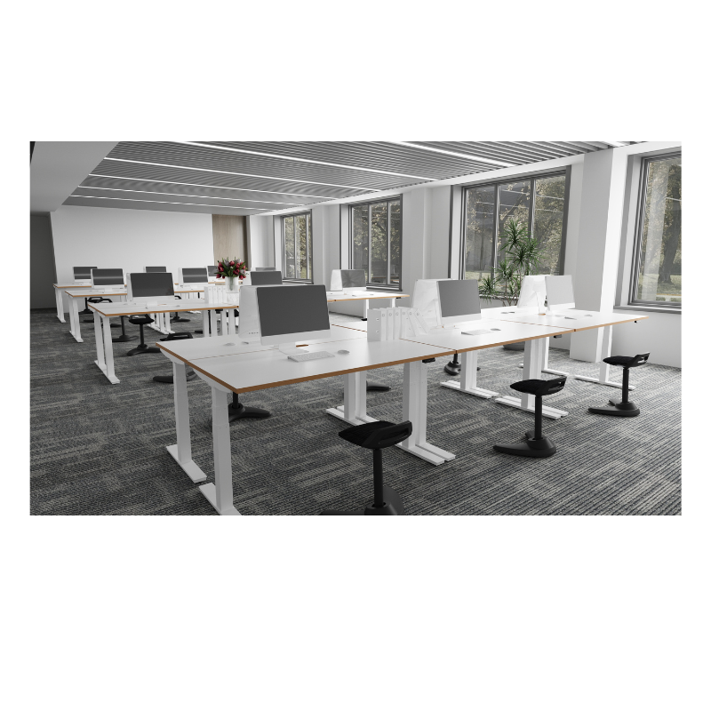 Oslo white standing desks with wood-look tops and black swivel stools in a modern office