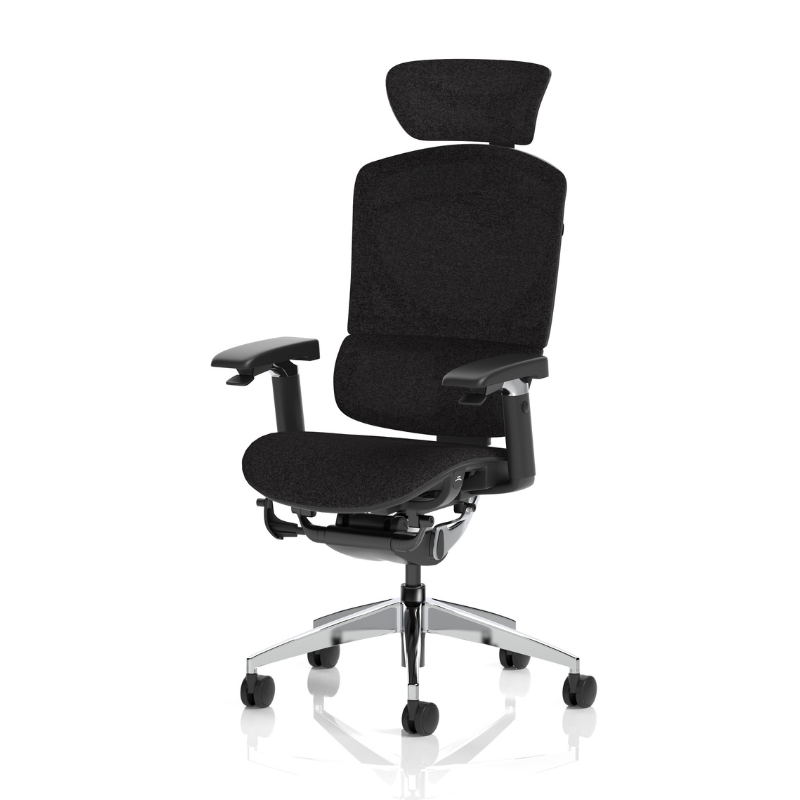 Angled view of Dynamic Ergo Click Plus ergonomic office chair with headrest in fabric 