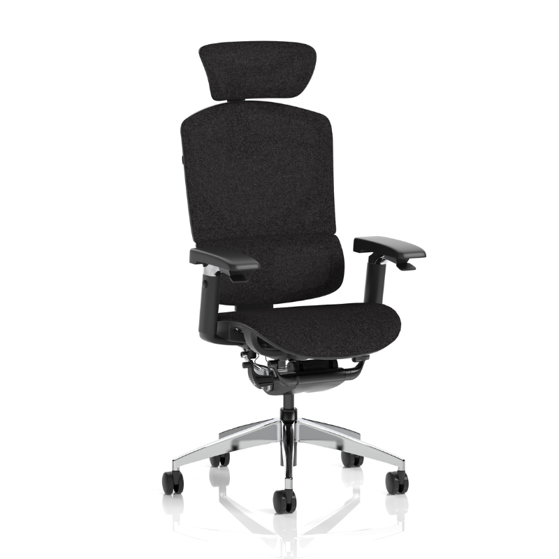Angled view of Dynamic Ergo Click Plus ergonomic office chair with headrest in fabric 