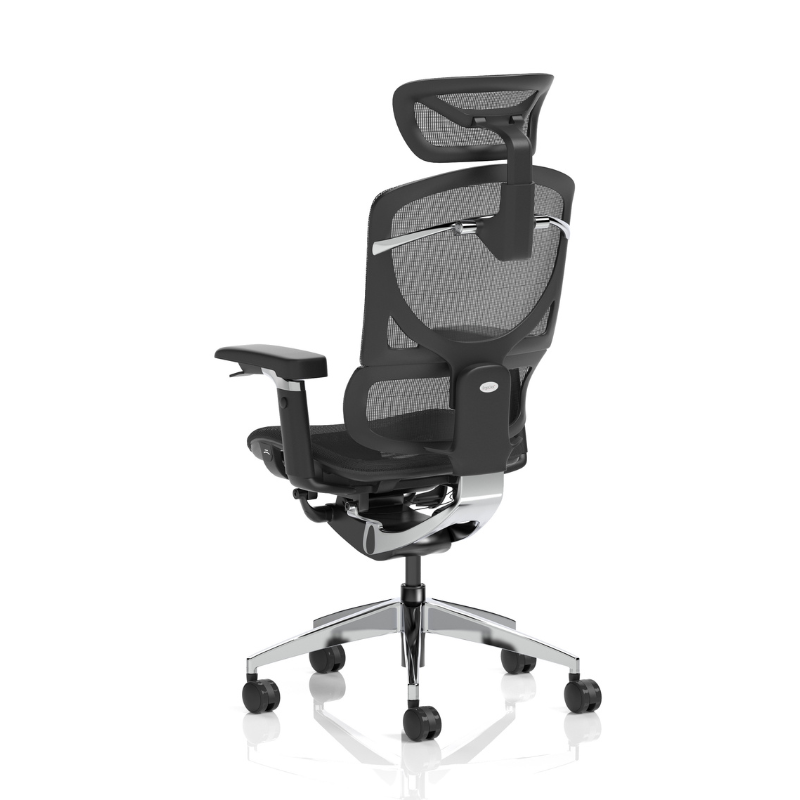 Angled view of Dynamic Ergo Click Plus ergonomic office chair with headrest in  mesh.