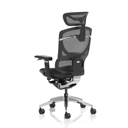 Angled view of Dynamic Ergo Click Plus ergonomic office chair with headrest in  mesh.