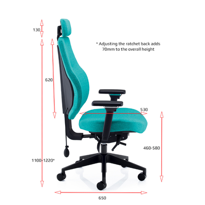 PSI Ergo Dynamic ergonomic office chair side profile with dimensions