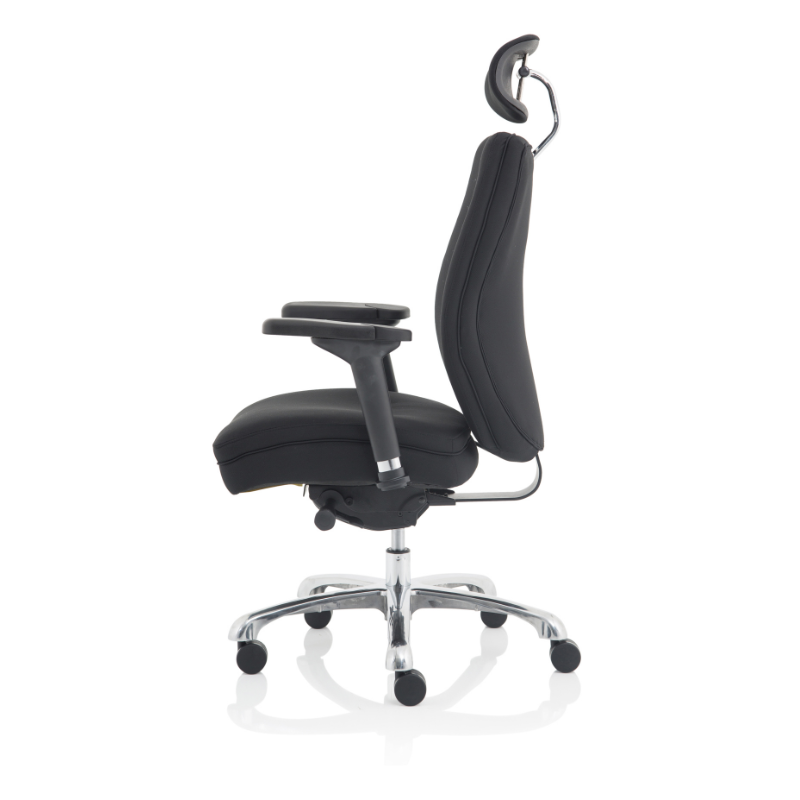 Dynamic Domino high-back ergonomic task chair with durable fabric upholstery and headrest