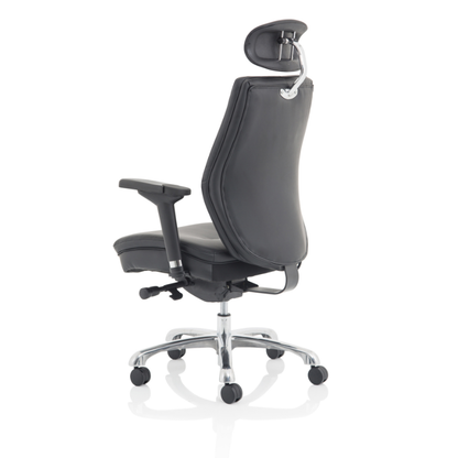 Dynamic Domino ergonomic office chair featuring a leather seat, high back and supportive headrest