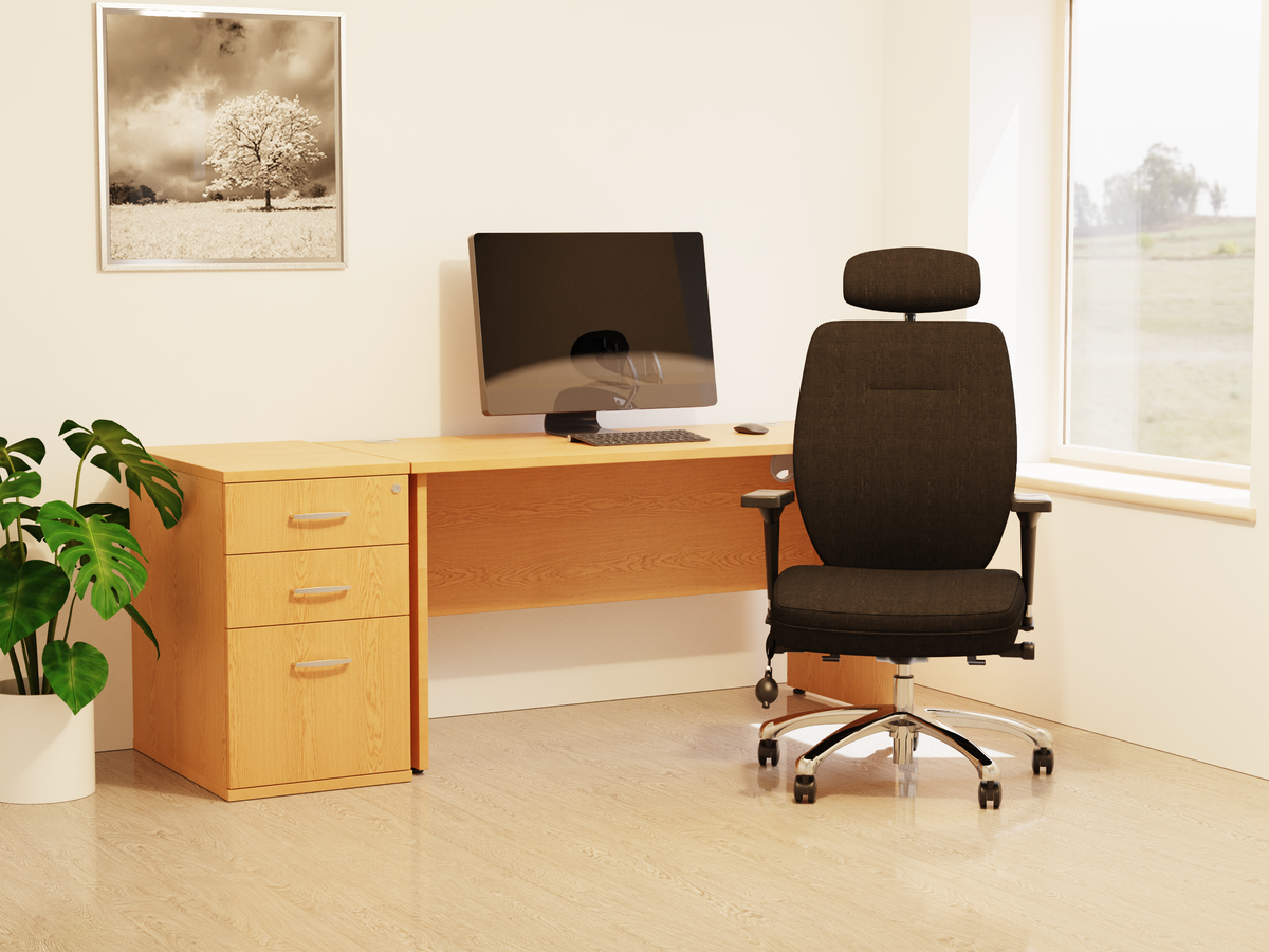Modern office setup with a wooden desk, computer monitor, and ergonomic chair.