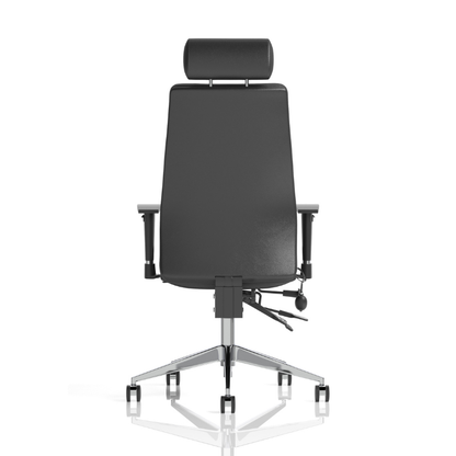 Dynamic Onyx high-back leather ergonomic office chair with adjustable arms and headrest with rear view