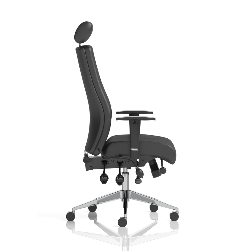 Dynamic Onyx high-back leather ergonomic office chair with adjustable arms and headrest with side view