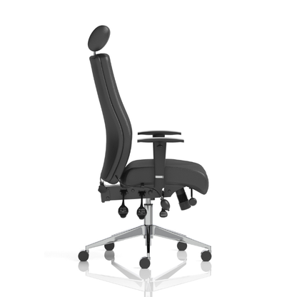 Dynamic Onyx high-back leather ergonomic office chair with adjustable arms and headrest with side view