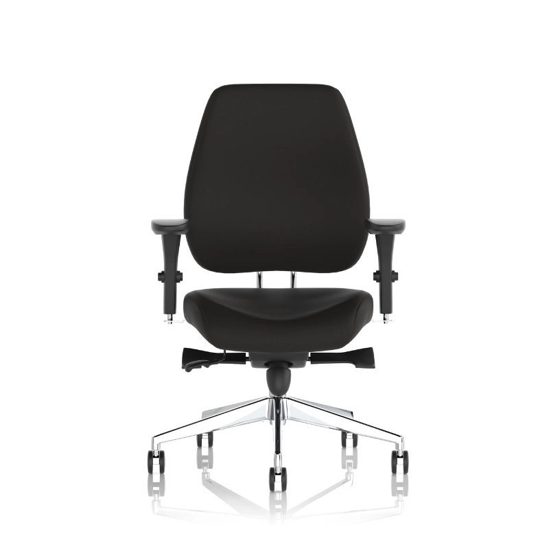 Dynamic Chiro Plus high-back ergonomic office chair without headrest, with adjustable arms and black fabric upholstery