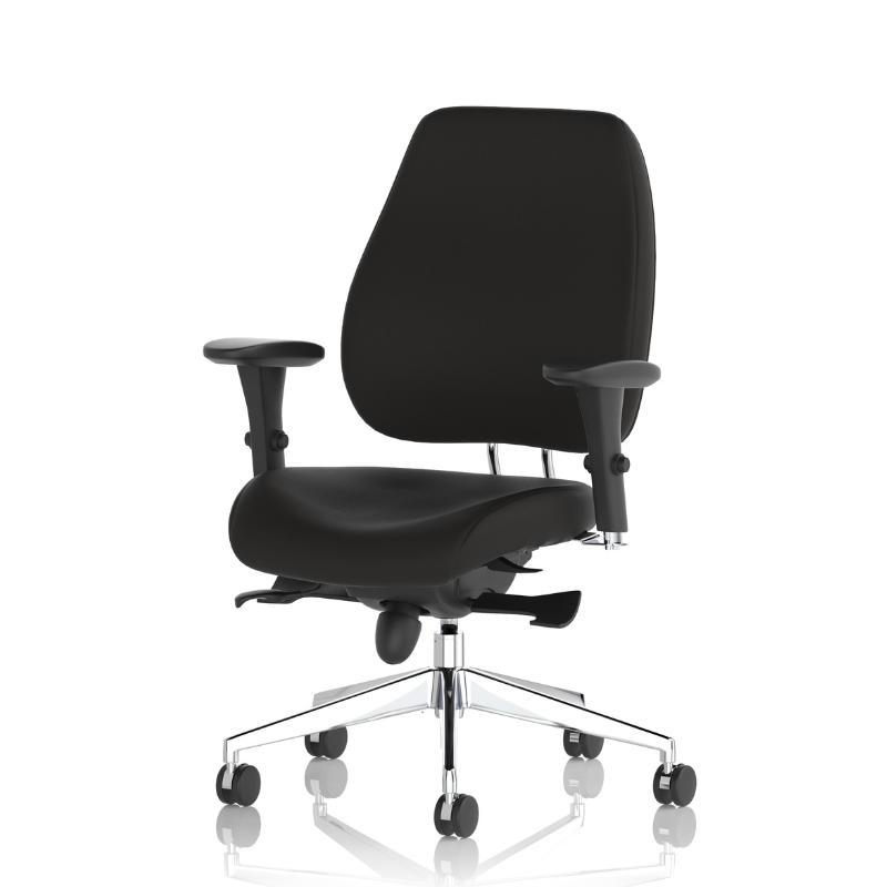 Angled view of Dynamic Chiro Plus ergonomic office chair with adjustable arms and no headrest.