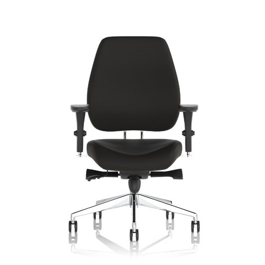 Dynamic Chiro Plus high-back ergonomic office chair without headrest, with adjustable arms and black fabric upholstery