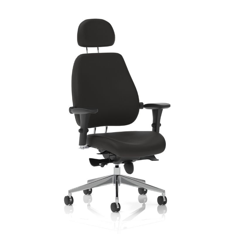 Angled view of Dynamic Chiro Plus Ultimate 24-hour ergonomic office chair with headrest.