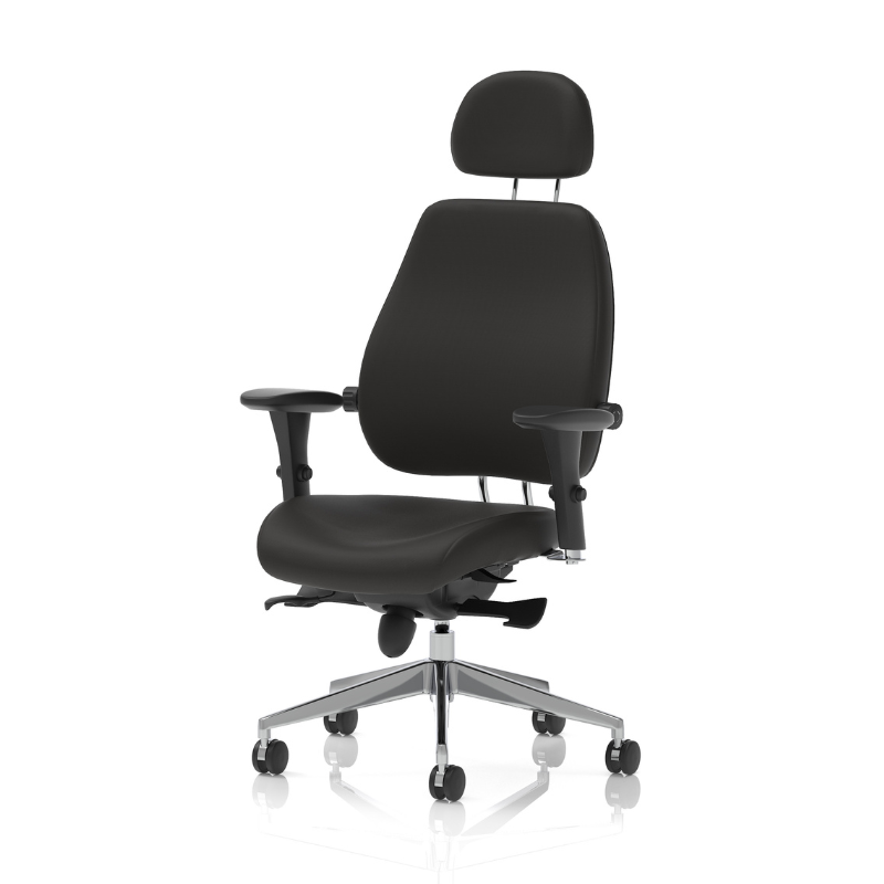 Angled view of Dynamic Chiro Plus Ultimate 24-hour ergonomic office chair with headrest.
