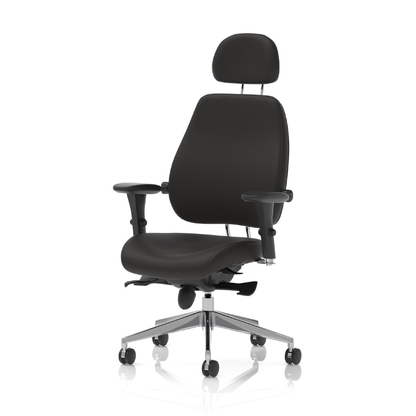 Angled view of Dynamic Chiro Plus Ultimate 24-hour ergonomic office chair with headrest.