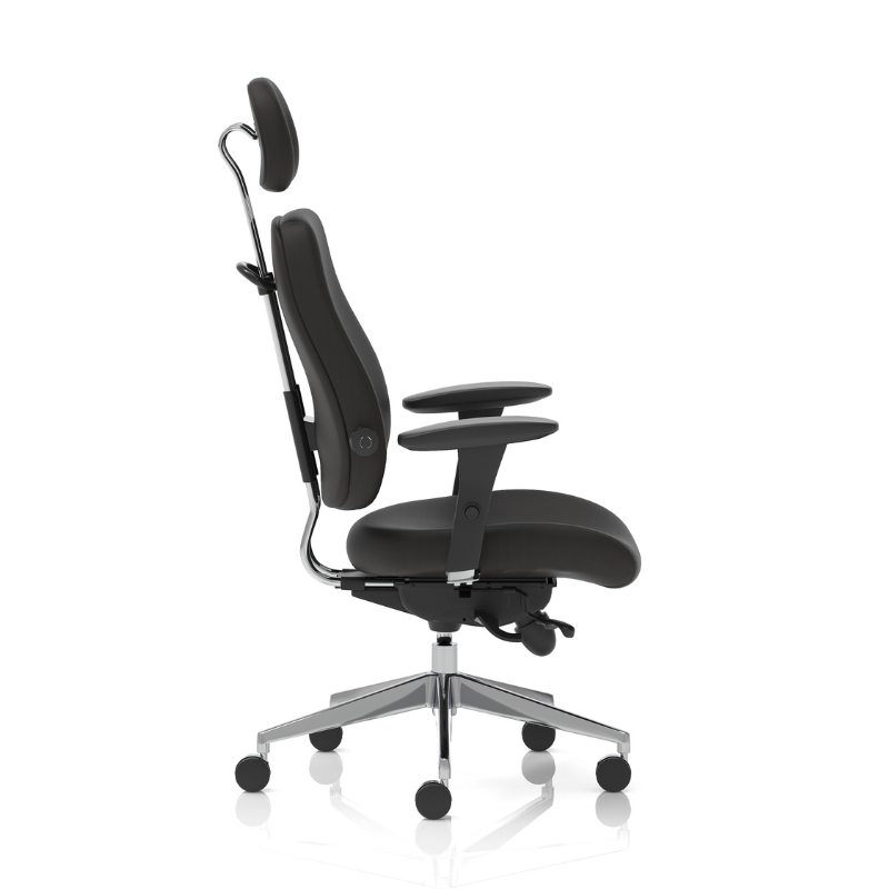 Side view of Dynamic Chiro Plus Ultimate 24-hour ergonomic office chair with headrest.