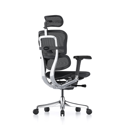 A modern ergonomic office chair with a black mesh back, headrest, and armrests, supported by a silver chrome frame and five-wheel base, shown from a three-quarter angle on a white background.