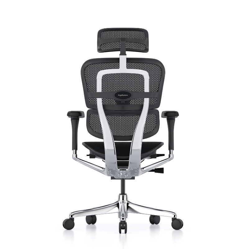A modern ergonomic office chair with a black mesh back, headrest, and seat, supported by a polished silver chrome base with black casters.