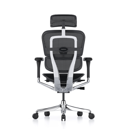 A modern ergonomic office chair with a black mesh back, headrest, and seat, supported by a polished silver chrome base with black casters.