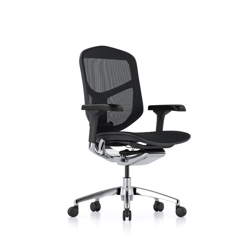 A modern black mesh office chair with adjustable armrests, a black seat, and a polished silver five-star base with dual-wheel casters, shown on a clean white background Angle