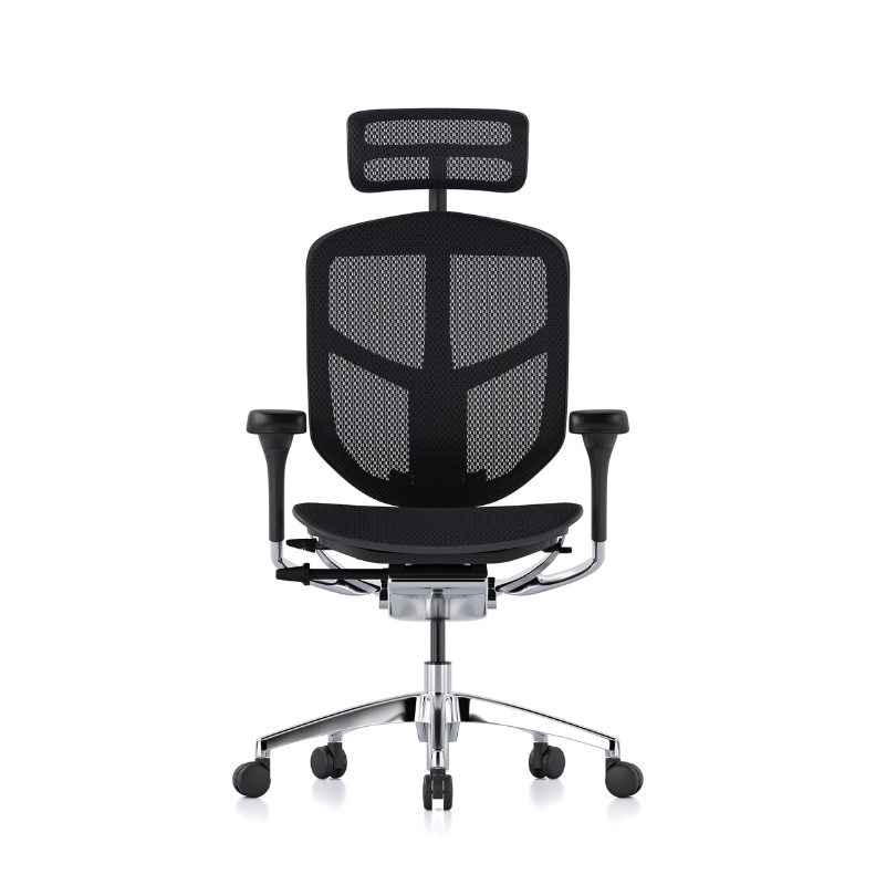 A black mesh ergonomic office chair with a headrest, adjustable armrests, and a chrome five-star base on a white background.
