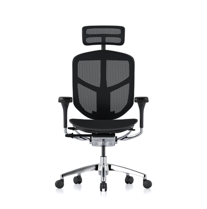 A black mesh ergonomic office chair with a headrest, adjustable armrests, and a chrome five-star base on a white background.