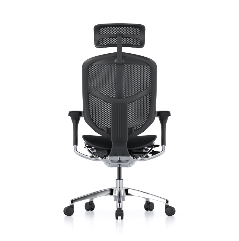 A black mesh ergonomic office chair with a headrest, adjustable armrests, and a chrome five-star base with casters, shown from the back on a white background.