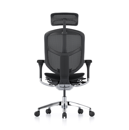 A black mesh ergonomic office chair with a headrest, adjustable armrests, and a chrome five-star base with casters, shown from the back on a white background.