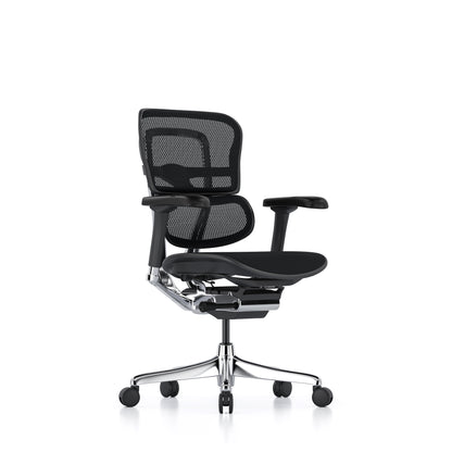 A modern black mesh office chair with adjustable armrests and a chrome five-star wheeled base, shown from a front-three-quarter angle on a white background.
