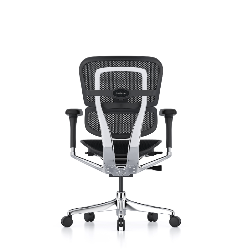 A modern ergonomic office chair with a black mesh backrest, black padded armrests, and a polished silver chrome base and side supports, shown from the rear against a white background.