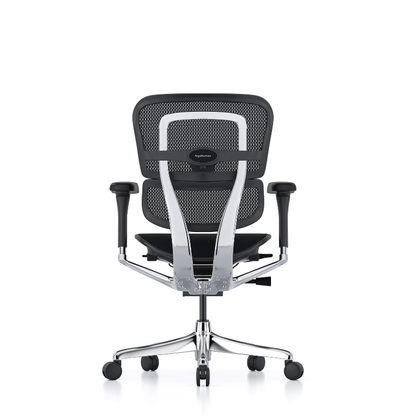 A modern ergonomic office chair with a black mesh backrest, black padded armrests, and a polished silver chrome base and side supports, shown from the rear against a white background.