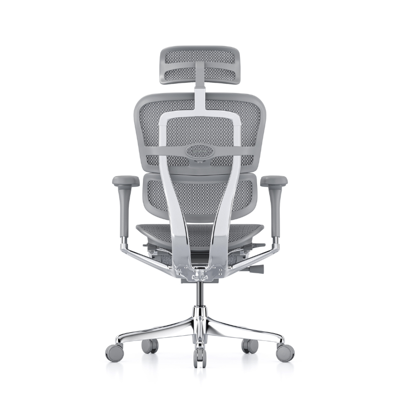 A modern grey ergonomic office chair with a mesh back, adjustable armrests, and a chrome five-wheel base, shown from the rear on a white background.