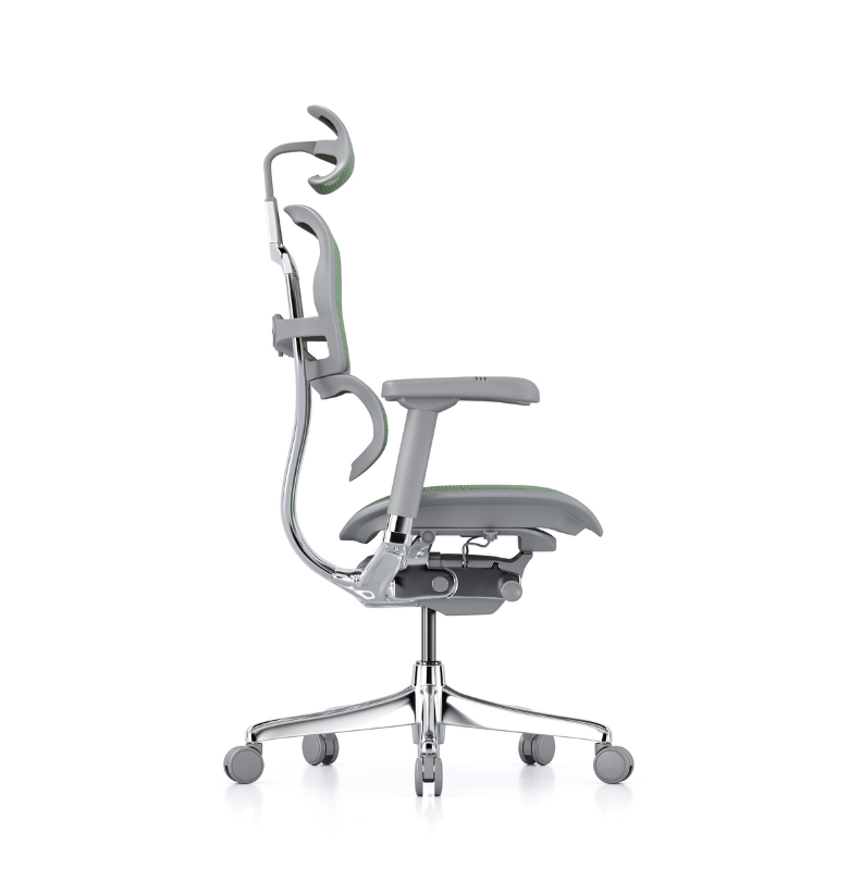 A modern ergonomic office chair with a gray mesh back and seat, a chrome five-star base, and grey armrests, shown from a side profile on a white background.