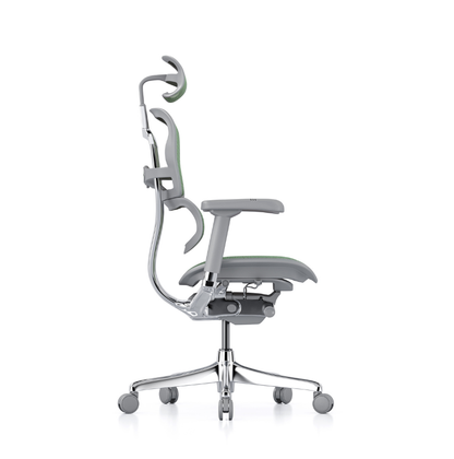 A modern ergonomic office chair with a gray mesh back and seat, a chrome five-star base, and grey armrests, shown from a side profile on a white background.