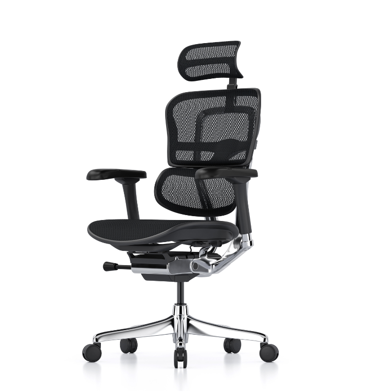 A modern black mesh ergonomic office chair with adjustable armrests, a headrest, and a chrome five-star base with black casters, shown against a plain white background.