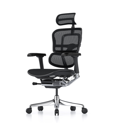 A modern black mesh ergonomic office chair with adjustable armrests, a headrest, and a chrome five-star base with black casters, shown against a plain white background.
