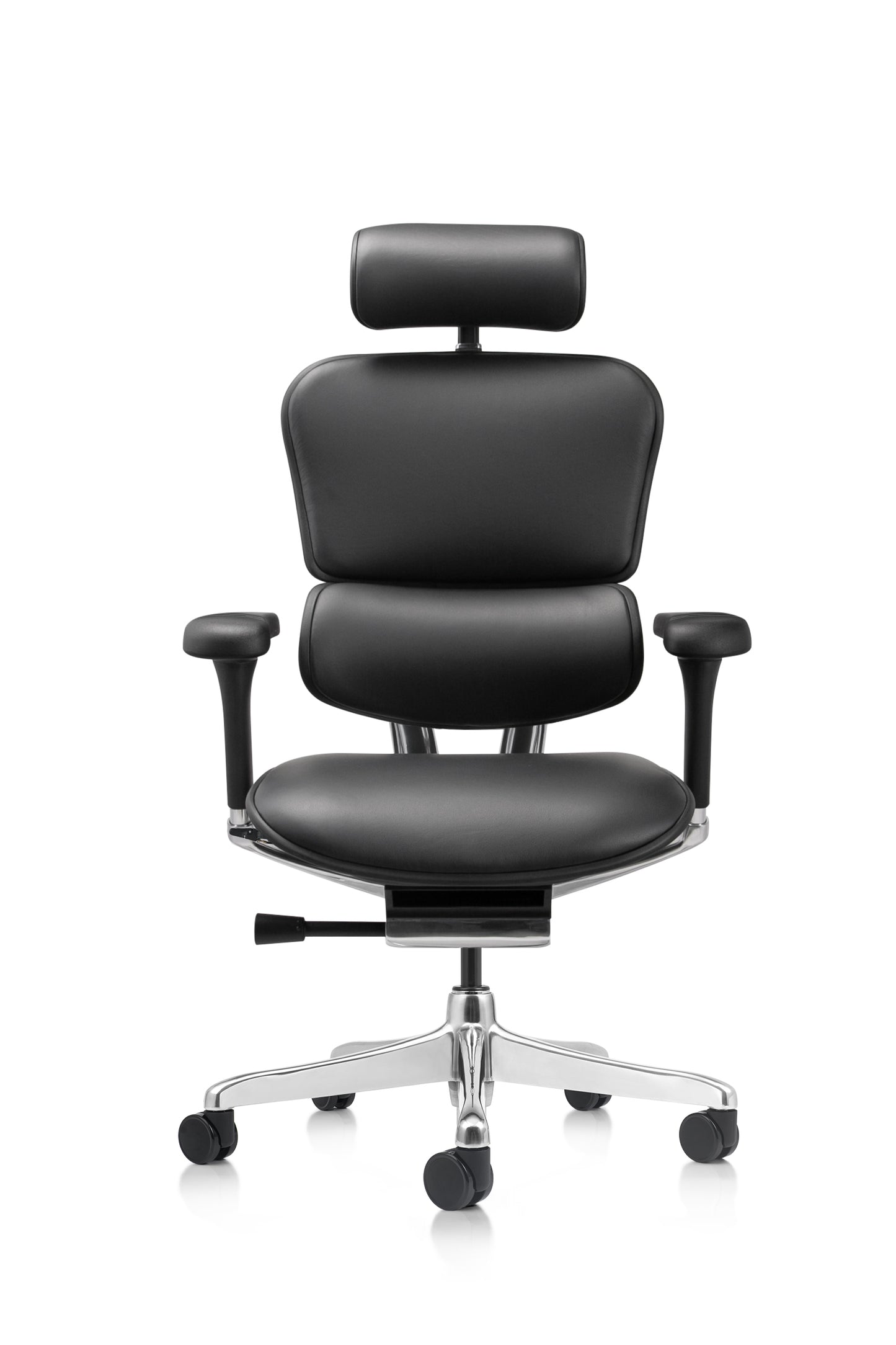 A modern black leather ergonomic office chair with a headrest, adjustable armrests, and a chrome five-star base with casters, shown against a plain white background.