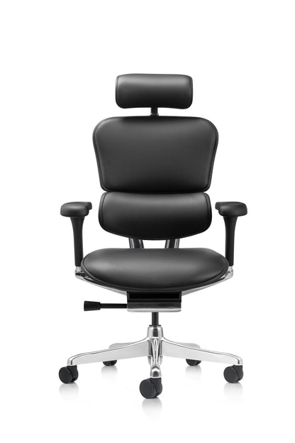 A modern black leather ergonomic office chair with a headrest, adjustable armrests, and a chrome five-star base with casters, shown against a plain white background.