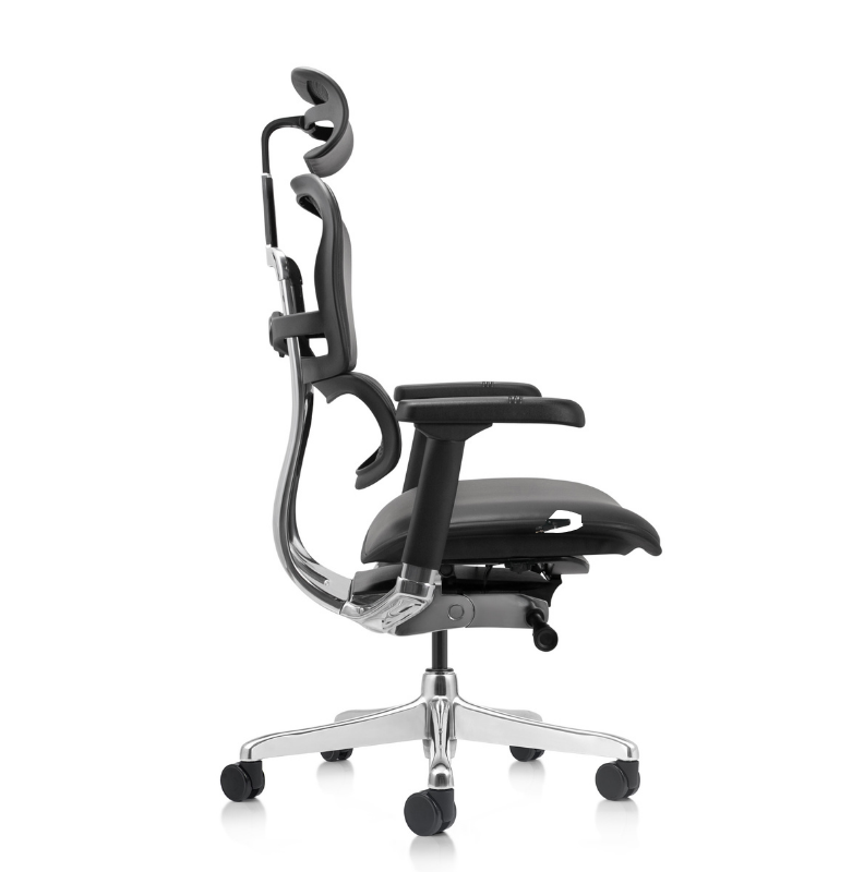 A modern black leather ergonomic office chair with a headrest, adjustable armrests, and a chrome five-star base with casters, shown in side vew.