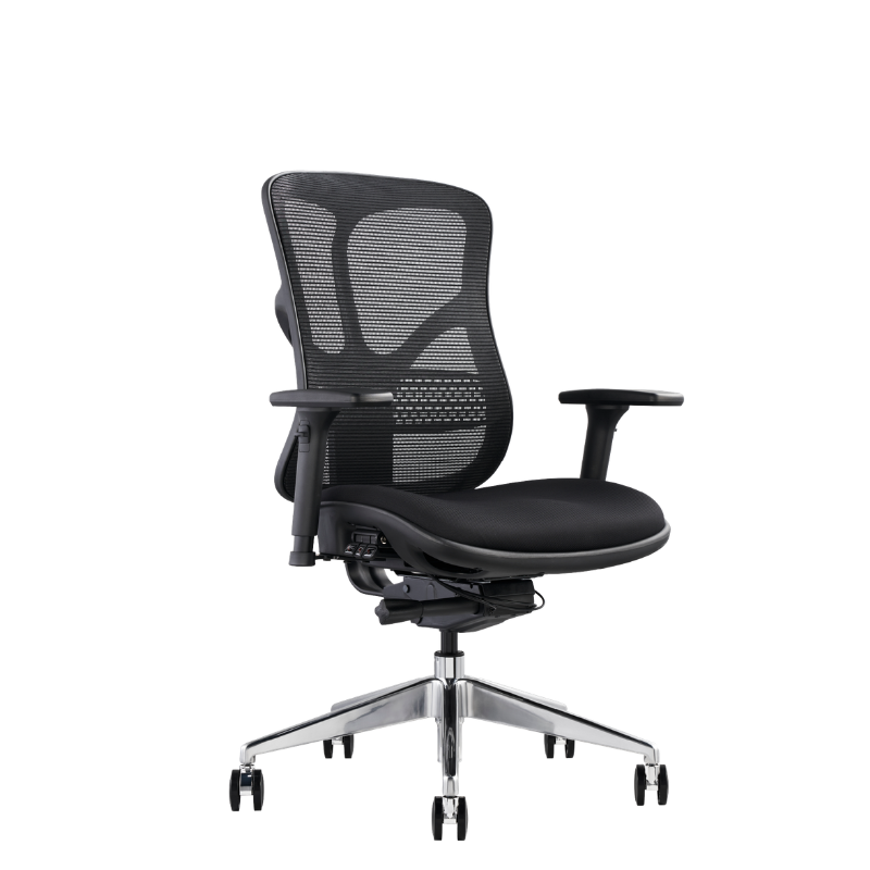 A modern black fabric/mesh office chair with a padded seat, adjustable armrests, and a five-star chrome base on a white background.