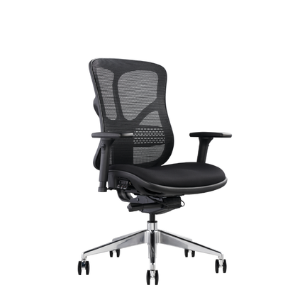 A modern black fabric/mesh office chair with a padded seat, adjustable armrests, and a five-star chrome base on a white background.