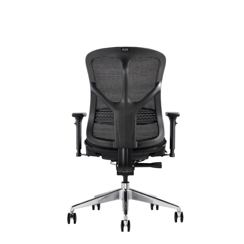 A black mesh office chair with adjustable armrests and a chrome five-star wheeled base, shown from the rear.
