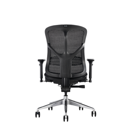 A black mesh office chair with adjustable armrests and a chrome five-star wheeled base, shown from the rear.