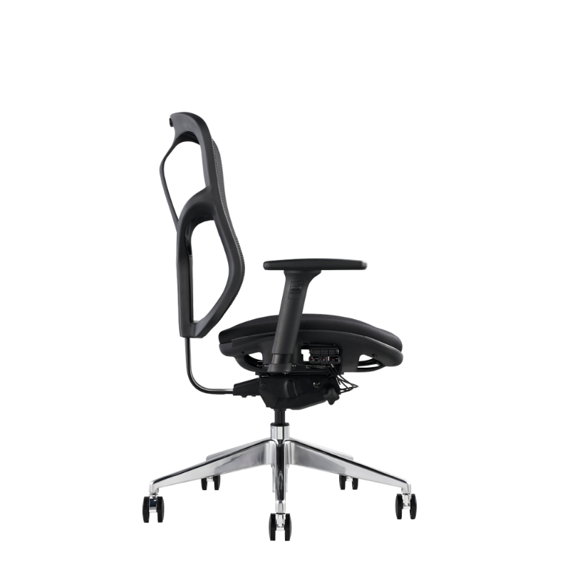 A modern ergonomic office chair with a black mesh backrest, padded black seat, adjustable armrests, and a chrome five-star base with casters, shown from a side angle.