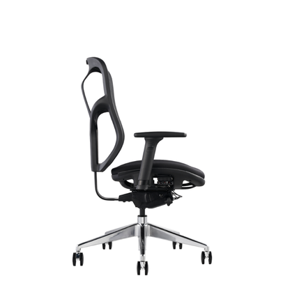 A modern ergonomic office chair with a black mesh backrest, padded black seat, adjustable armrests, and a chrome five-star base with casters, shown from a side angle.