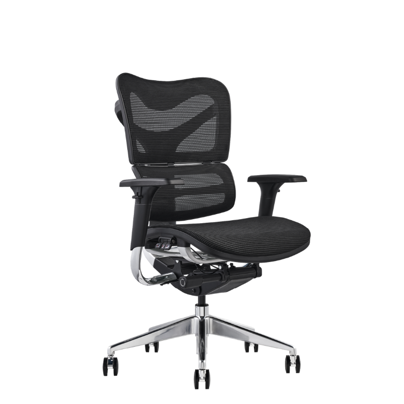 V46 a modern black mesh office chair with adjustable armrests, a black padded seat, and a silver five-star wheeled base, view from an angle.
