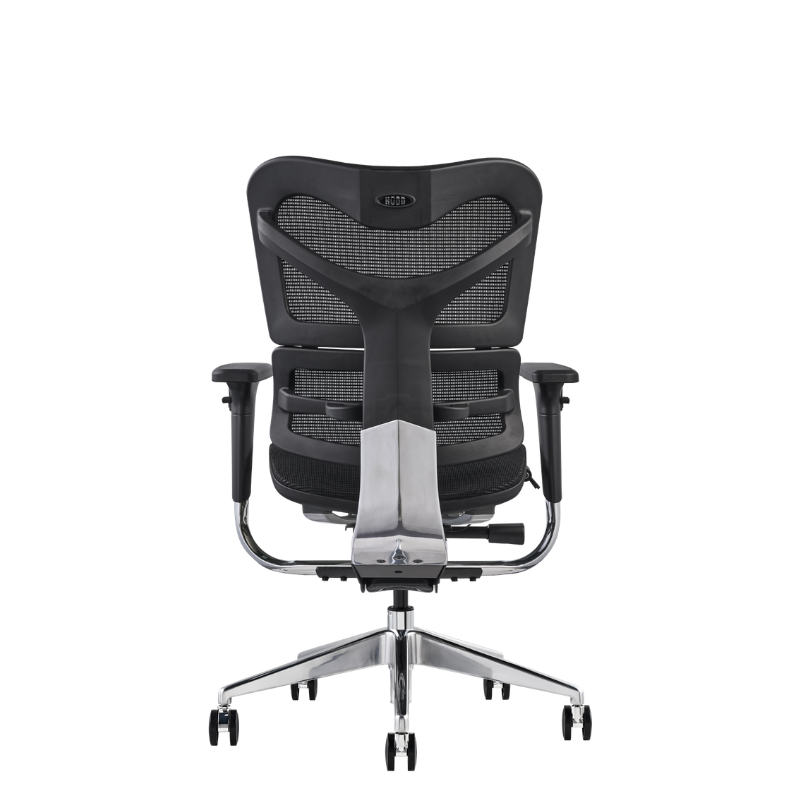 V46 a modern black mesh office chair with adjustable armrests and a chrome five-star wheeled base, shown from the rear.