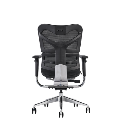 V46 a modern black mesh office chair with adjustable armrests and a chrome five-star wheeled base, shown from the rear.