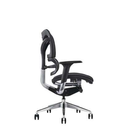 V46 a modern ergonomic office chair with a black mesh backrest, padded black seat, and a silver metal frame and five-star base, view from the side.