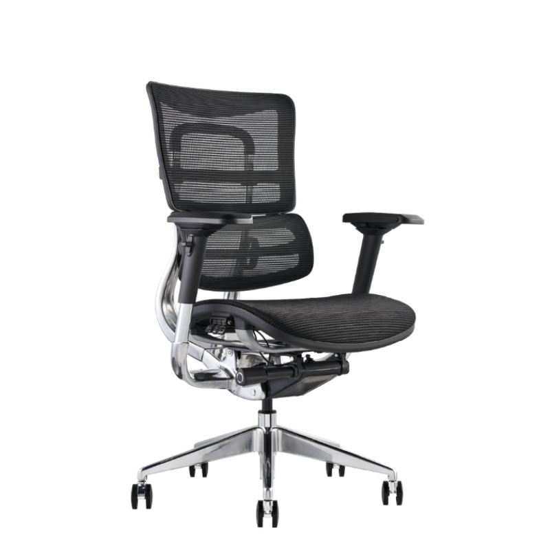 C19 a modern black mesh office chair with a high back, adjustable armrests, and a chrome five-star wheeled base, view from an angle.