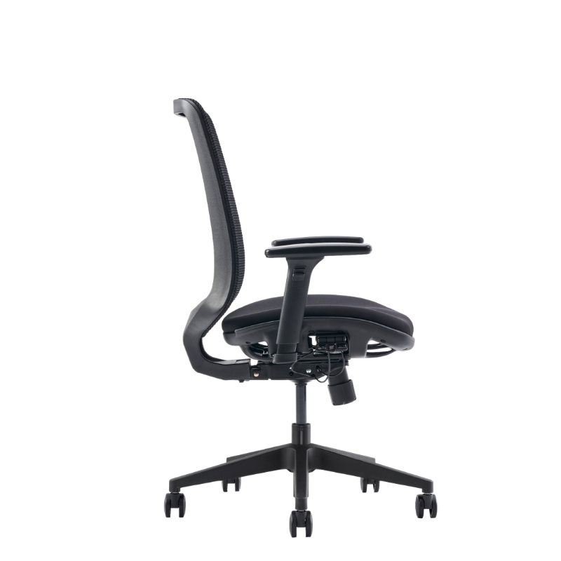 C19 a black ergonomic office chair with a mesh back, adjustable armrests, and a five-star wheeled base, shown from a side.